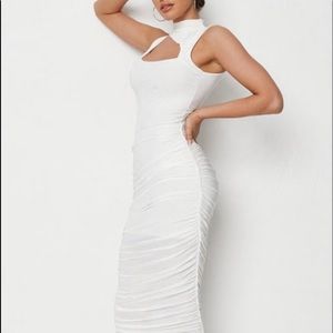 white slinky double layered high neck cut out midaxi dress